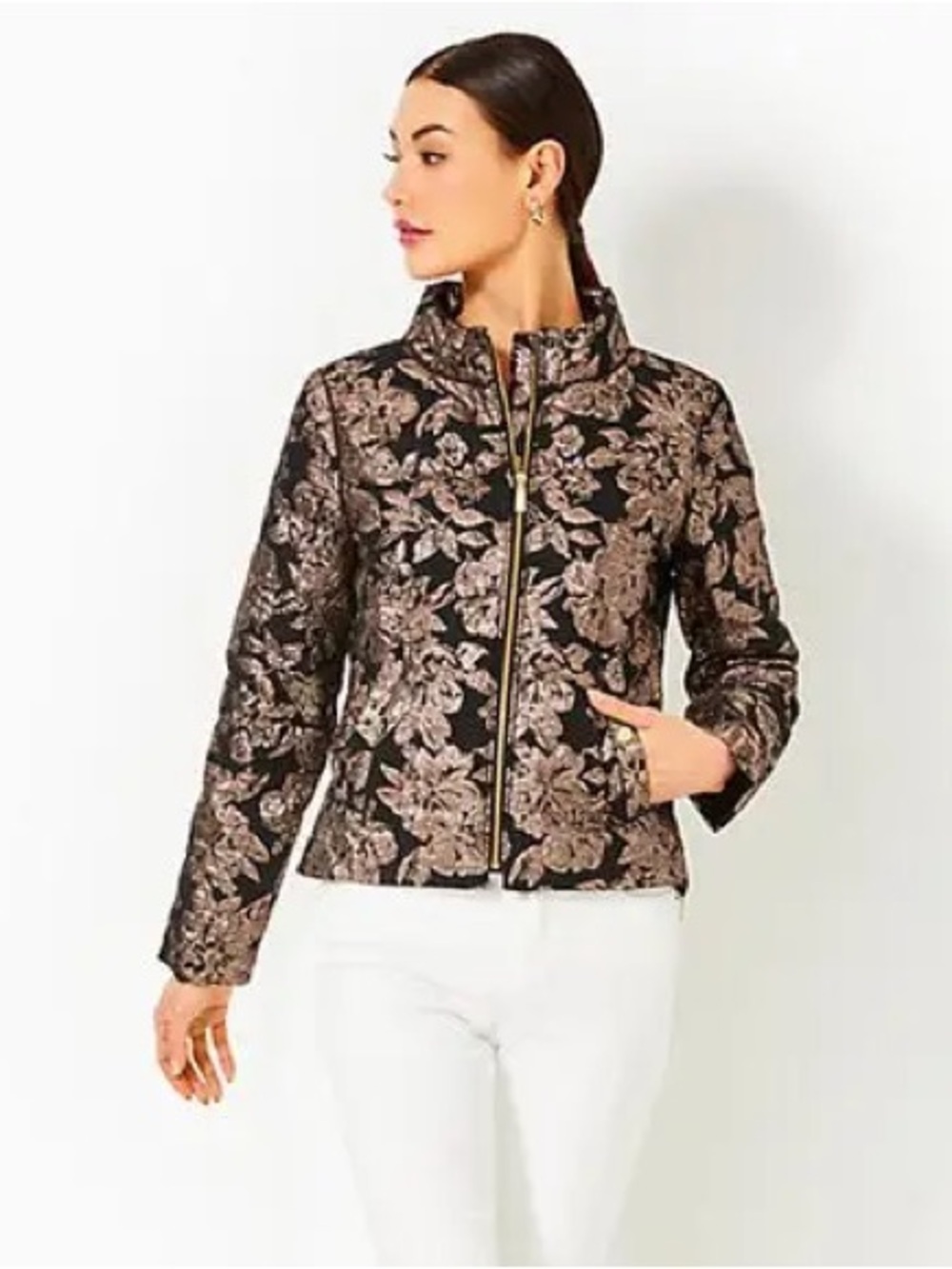 Lilly Pulitzer Emelyn Brocade Gold and Black Puffer Jacket Size 0 NWT - Picture 2 of 11